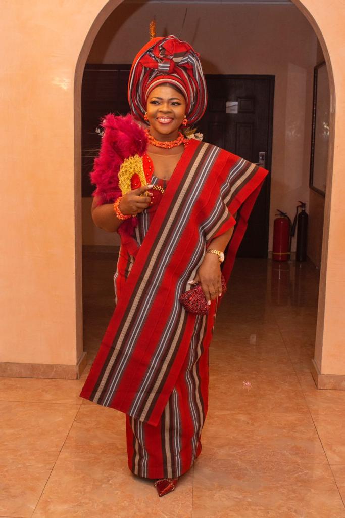 Crimson Tradition — Red and brown traditional Aso Oke ensemble with matching Gele